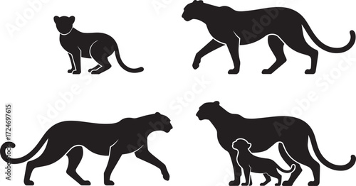 Panther silhouettes set big cats family walking hunting sitting wild animal