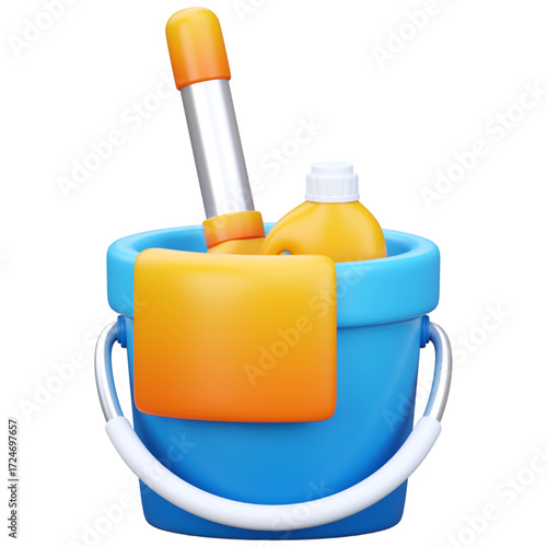 3D Render of Cleaning Supplies in a Blue Bucket Mop, Towel, and Bottle for Home Cleanliness and Hygiene