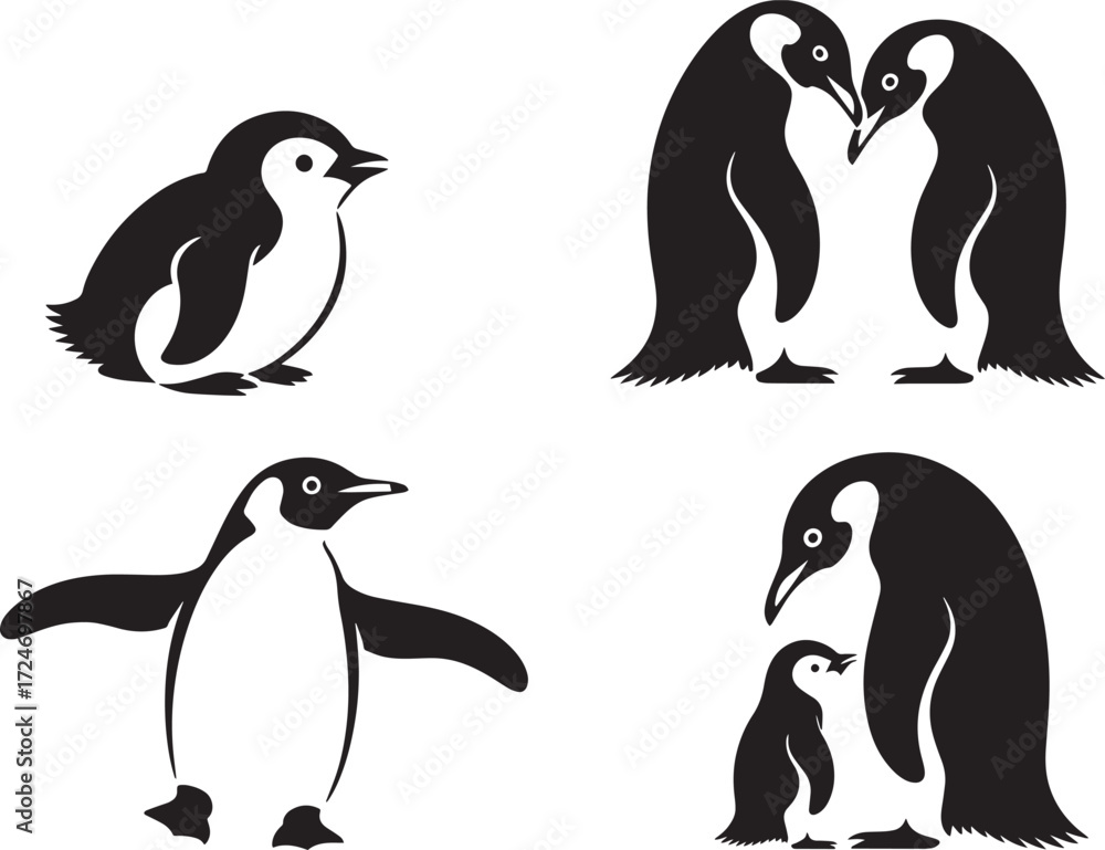 Naklejka premium Penguin silhouette set, arctic bird family, emperor, baby chick, black wildlife collection