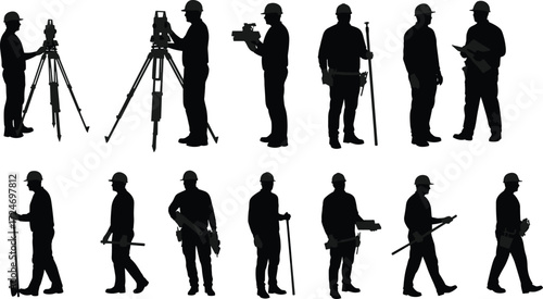 Construction, silhouette, worker, engineer, hardhat, surveyor, blueprint, tripod, shovel, measuring, equipment, safety, site, labor, tool, standing, walking, planning, civil, industrial