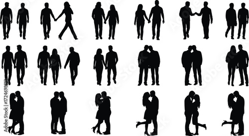 Couple silhouette vector set, romantic poses, hugging, kissing, walking illustration, love icons, relationship, intimacy, affection, partner, emotion, connection