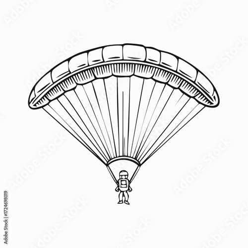 Detailed line drawing of a person paragliding with a parachute.