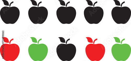 apple, fruit, food, icon, symbol, silhouette, black, red, green, healthy, organic, fresh, illustration, graphic, design, element, isolated, white background, collection, set, variety, multiple, row, t