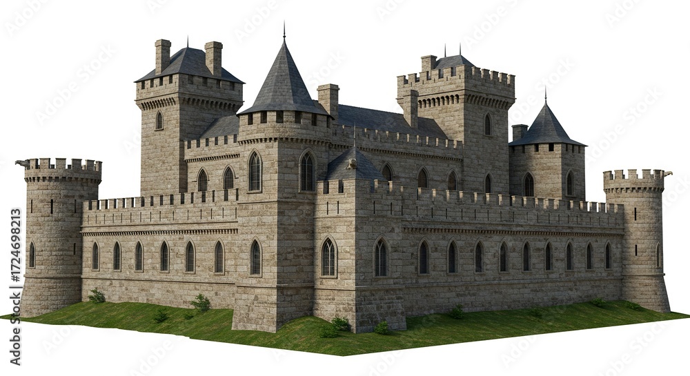 Fototapeta premium Stone castle with pointed roofs towers crenellations on a grassy platform