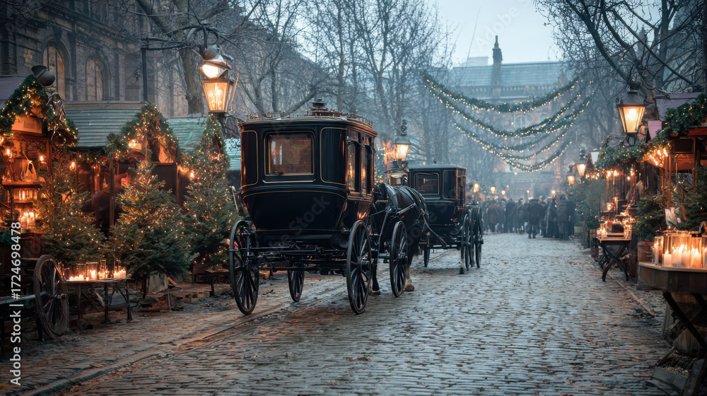 Obraz premium Cobblestone street is adorned with festive decorations, featuring horse drawn carriages and warmly lit market stalls. scene evokes nostalgic, winter holiday atmosphere