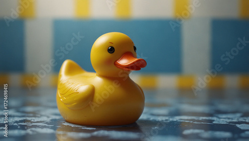 Playful Yellow Rubber Duck on Blue and White Striped Waves – Minimalist Whimsical Toy Design