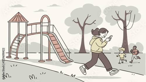 Vector of Lonely Child Playing Outdoors While Parents Distracted on Phones Showing Overuse 