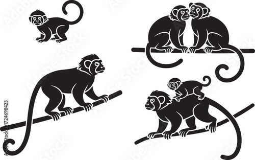 Set of black monkeys in various poses with different emotions on transparent background