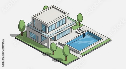 Isometric illustration of a modern house with a swimming pool and trees design