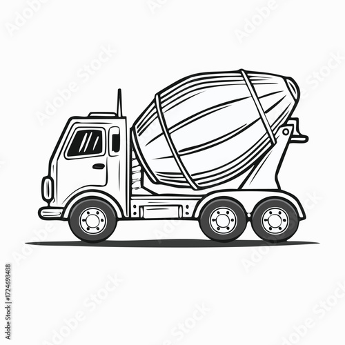Illustration of a concrete mixer truck in black and white.