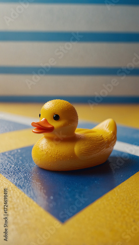 Playful Yellow Rubber Duck on Blue and White Striped Waves – Minimalist Whimsical Toy Design