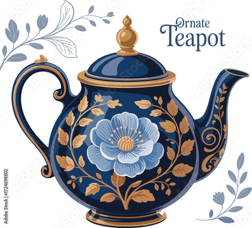 Ornate porcelain teapot with floral decoration, vintage ceramic tea pot design, luxury blue gold pattern, CAD drawing flat vector illustration"