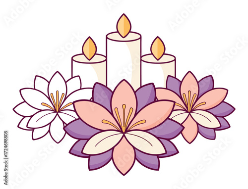 Three candles surrounded by decorative flowers a spa wellness scene