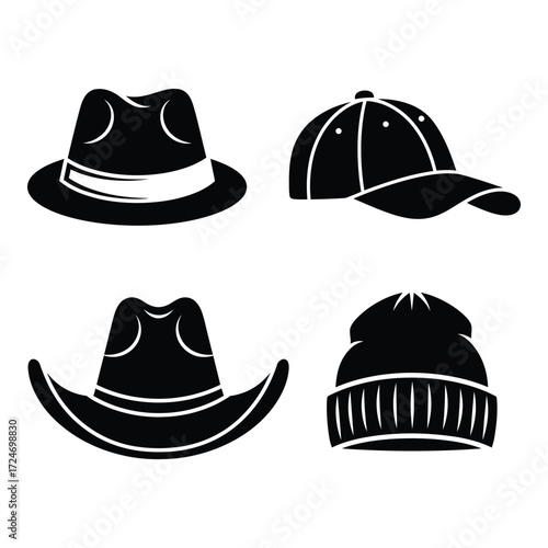 Collection of four distinct headwear styles in silhouette for fashion and apparel design projects