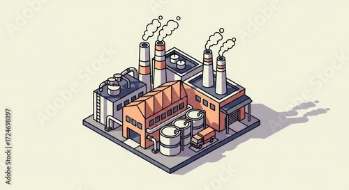 Isometric industry factory with smoke stacks symbolizing pollution and environmental impact