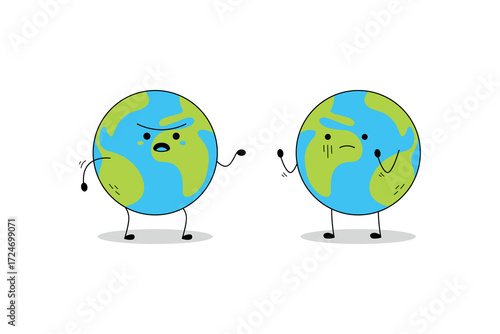 Cute earth couple cartoon character arguing doodle