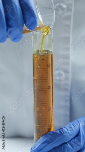 Scientist in lab coat and gloves examines golden oil in test tubes, pouring and analyzing samples.