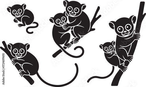 Tarsier silhouette set adult baby animal wild nocturnal primate tropical vector