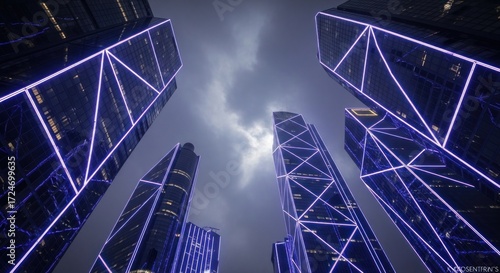 Modern architecture skyscrapers in Hong Kong with dramatic lighting and sky, futuristic cityscape