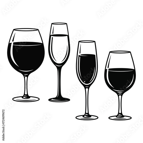Collection of elegant wine and champagne glasses filled with dark beverages