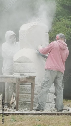 Artists wearing protective gear carve large stone sculptures outdoors using power tools.