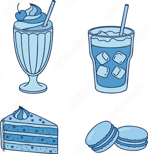 Assorted sweets and drinks in blue tones displayed on white surface, creating a refreshing and delightful dessert concept.