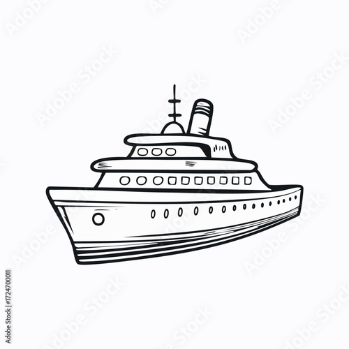 Illustration of a yacht with a sleek design and multiple windows.