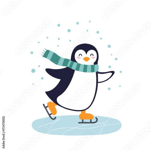 A playful penguin in a striped winter scarf ice skates gracefully on a small rink amidst falling snow, rendered as a vibrant flat 2D vector illustration with clean outlines.