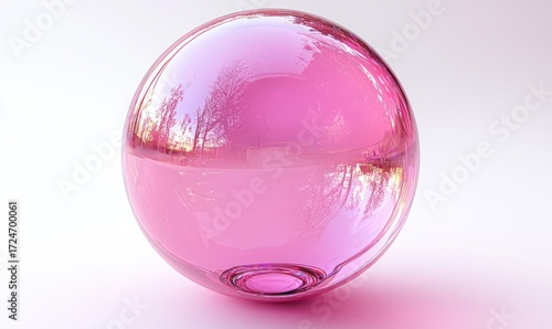 A glossy, pink glass sphere reflecting a light landscape