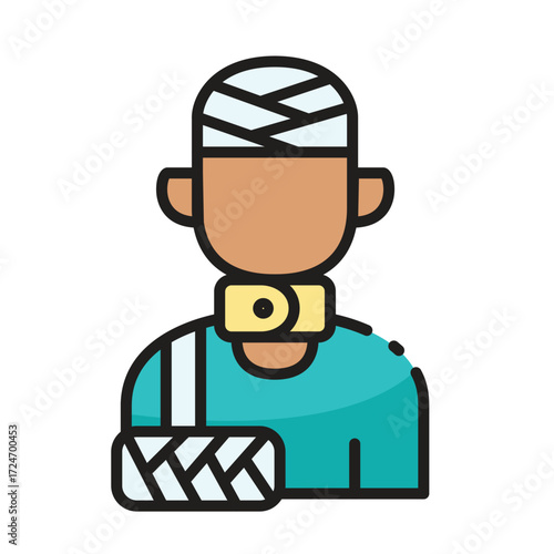 Person with head neck and arm injuries wearing bandages and brace