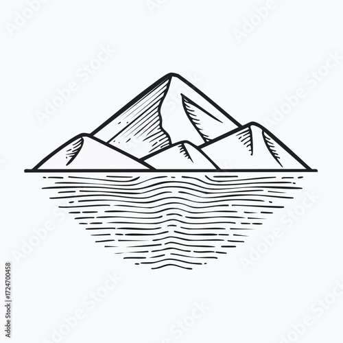 Line art illustration of a mountain range reflected in water, creating a symmetrical, nature-inspired design.