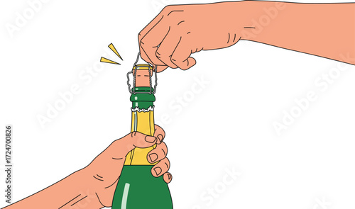 Hands opening champagne bottle, wire cage twist, cork removal, sparkling wine, festive moment, celebration scene, elegant drink, party toast, premium alcohol, joyful gesture