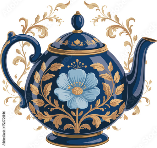 Elegant vintage porcelain teapot with floral ornament, luxury blue ceramic tea pot design, classic decoration, CAD drawing flat vector illustration