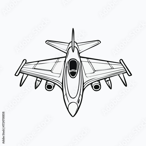 Detailed line art illustration of a fighter jet viewed from above.