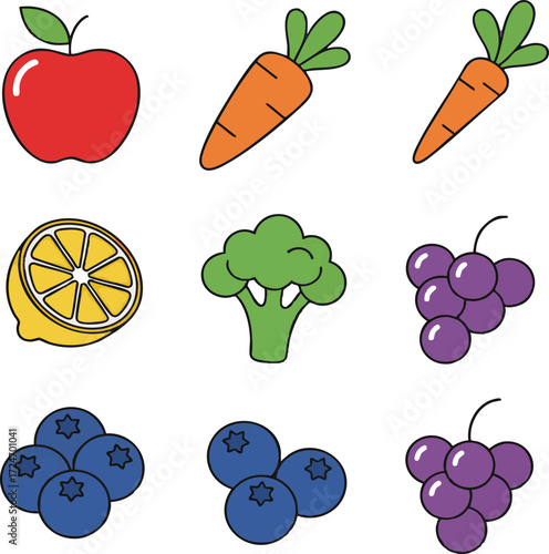 Assorted fruits and vegetables arranged neatly on white surface, showcasing healthy eating and vibrant colors, promoting wellness.