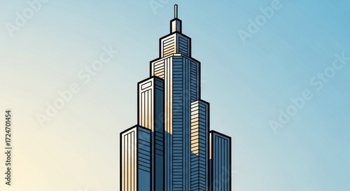 Stylized illustration of a modern skyscraper against a gradient sky showcasing architectural design