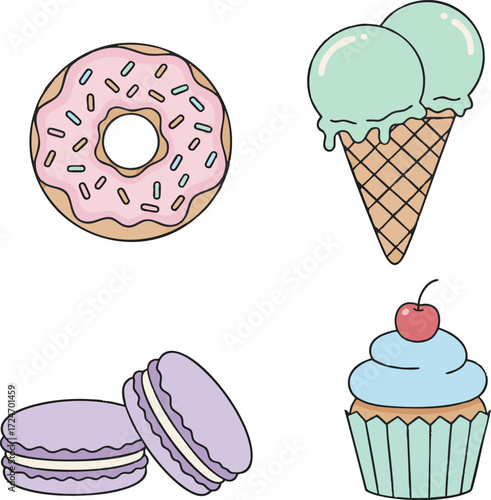 Assorted sweets including donut, ice cream cone, macarons, and cupcake arranged on white surface, creating a delightful and tempting display of sugary treats.