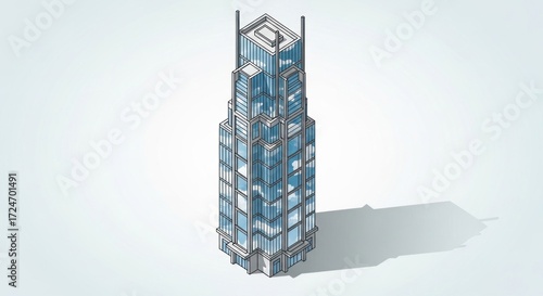 Stylized Isometric Skyscraper with Glass Facade Reflecting Clouds and Sky Illustration