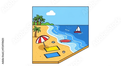 Tropical beach scene with palm trees umbrella surfboard and sailing boat on a sunny day depicting