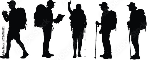 Hiking, silhouette, trekking, backpack, outdoor, adventure, nature, exploration, gear, trail, travel, map, poles, walking, standing, pointing, drinking, navigation, wilderness, activity