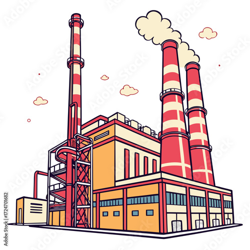 Illustration of a large industrial power plant with multiple smokestacks emitting steam, representing energy generation