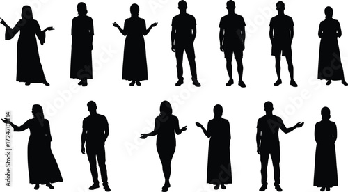 Human silhouettes, diverse poses, body language, gesture study, fashion variation, standing figures, minimal design, posture analysis, artistic style, illustration