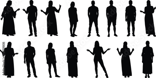 Human silhouettes, diverse poses, expressive gestures, standing figures, body language, fashion variety, minimal design, artistic stances, people shapes, illustration