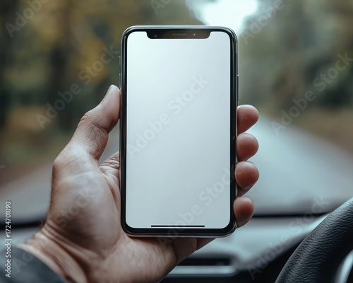 A hand holding a smartphone, outdoors.  Focus on the phone