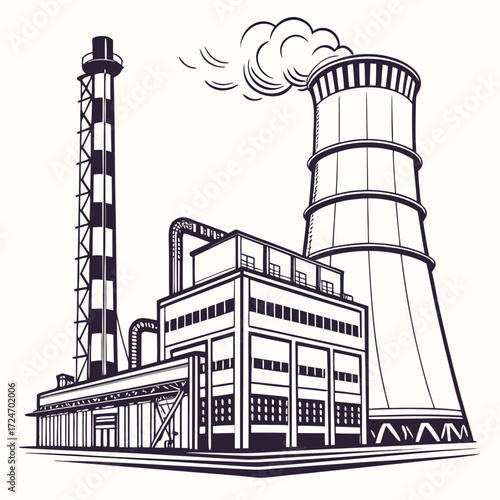 Vector art of monochrome illustration of a power plant, featuring a tall chimney and a cooling tower, showcasing industrial architecture and energy production