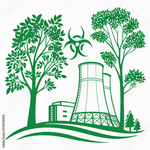 Vector art of green illustration of a nuclear power plant surrounded by trees, , symbolizing the balance between energy production and environmental preservation