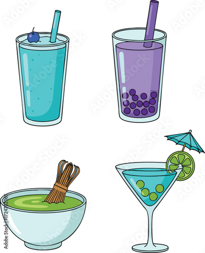 Assorted colorful drinks sitting on a table, showcasing a variety of beverages from smoothies to cocktails, creating a refreshing and vibrant mood.
