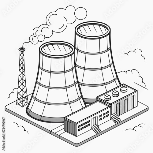 Illustration of a nuclear power station with cooling towers and a transmission tower, symbolizing energy infrastructure and technological advancement