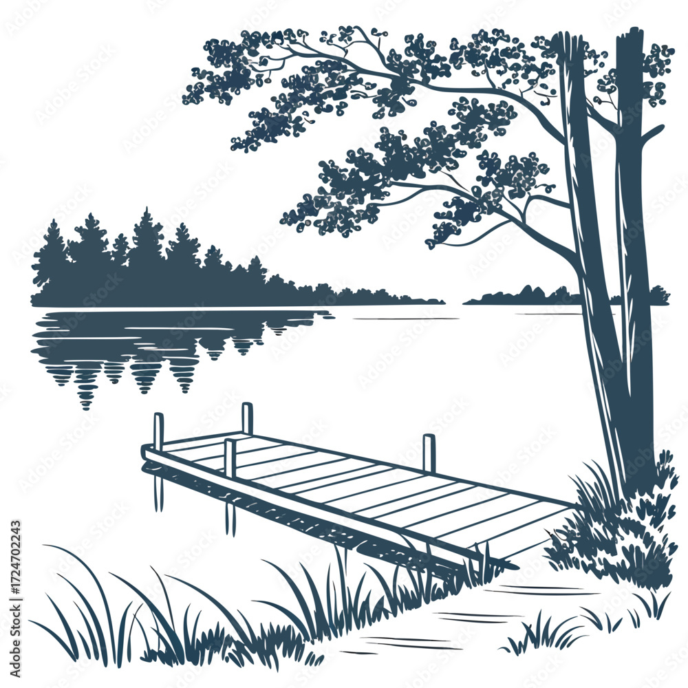 Obraz premium Vector art of a peaceful lake scene featuring a wooden pier extending into the calm water, surrounded by trees and lush vegetation, captured in a detailed sketch