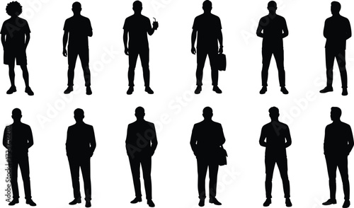 Male silhouettes, fashion diversity, casual and formal, standing poses, body language, minimal design, character style, gesture study, clothing contrast, illustration
